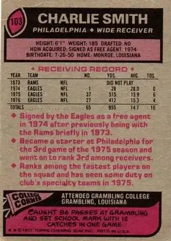 1977 Topps #103 - Charlie Smith - Philadelphia Eagles - Back 1977 Topps #103 - Charlie Smith - Philadelphia Eagles - Back
