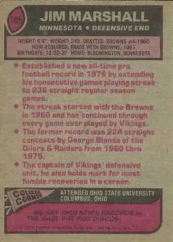1977 Topps #105 - Jim Marshall - Minnesota Vikings - Back