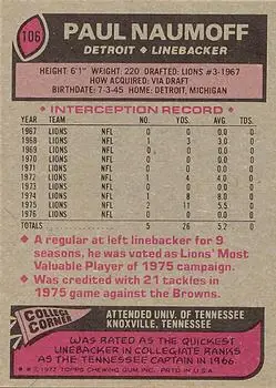 1977 Topps #106 - Paul Naumoff - Detroit Lions - Back