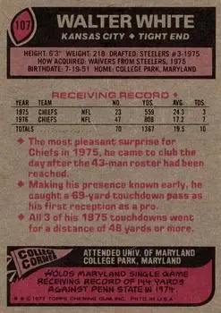 1977 Topps #107 - Walter White - Kansas City Chiefs - Back