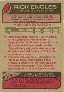 1977 Topps Mexican #112 - Rick Engles - Seattle Seahawks - Back