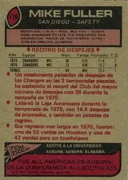 1977 Topps Mexican #116 - Mike Fuller - San Diego Chargers - Back