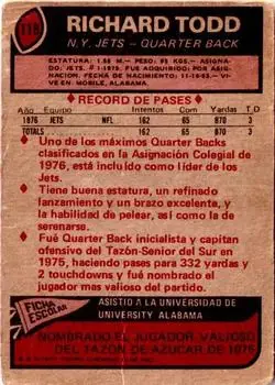 1977 Topps Mexican #118 - Richard Todd - New York Jets