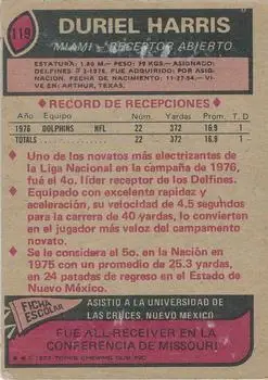 1977 Topps Mexican #119 - Duriel Harris - Miami Dolphins - Back