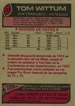 1977 Topps Mexican #127 - Tom Wittum - San Francisco 49ers - Back 1977 Topps Mexican #127 - Tom Wittum - San Francisco 49ers - Back