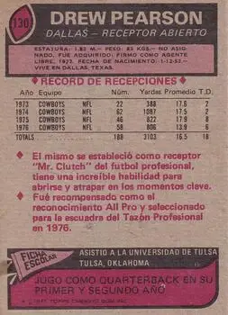 1977 Topps Mexican #130 - Drew Pearson - Dallas Cowboys - Back 1977 Topps Mexican #130 - Drew Pearson - Dallas Cowboys - Back