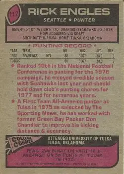1977 Topps #112 - Rick Engles - Seattle Seahawks - Back