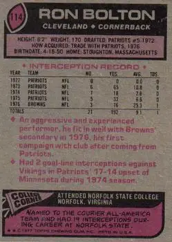 1977 Topps #114 - Ron Bolton - Cleveland Browns - Back