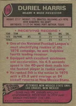 1977 Topps #119 - Duriel Harris - Miami Dolphins - Back