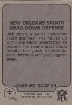 1978 Fleer Team Action #34 - Card #34 - New Orleans Saints - Back
