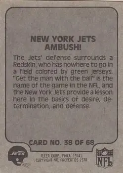 1978 Fleer Team Action #38 - Card #38 - New York Jets - Back 1978 Fleer Team Action #38 - Card #38 - New York Jets - Back