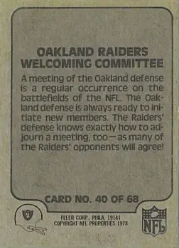 1978 Fleer Team Action #40 - Card #40 - Oakland Raiders - Back