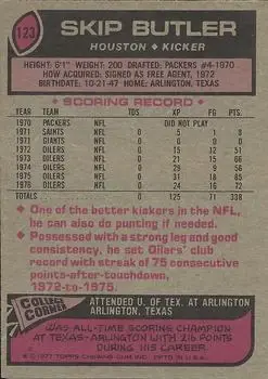1977 Topps #123 - Skip Butler - Houston Oilers 1977 Topps #123 - Skip Butler - Houston Oilers