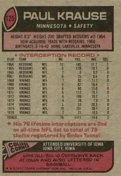 1977 Topps #125 - Paul Krause - Minnesota Vikings - Back