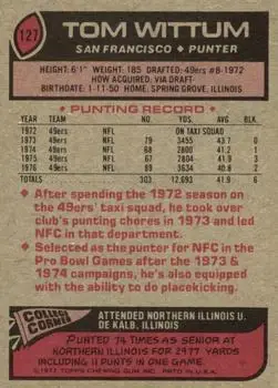 1977 Topps #127 - Tom Wittum - San Francisco 49ers - Back