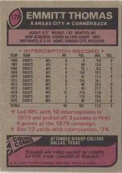 1977 Topps #129 - Emmitt Thomas - Kansas City Chiefs - Back