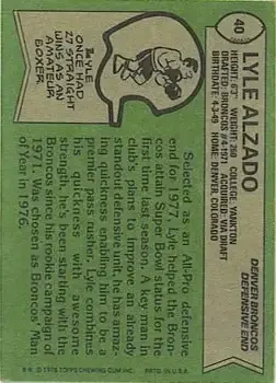 1978 Topps #40 - Lyle Alzado - Denver Broncos - Back
