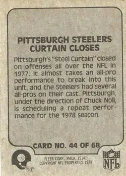 1978 Fleer Team Action #44 - Card #44 - Pittsburgh Steelers - Back 1978 Fleer Team Action #44 - Card #44 - Pittsburgh Steelers - Back