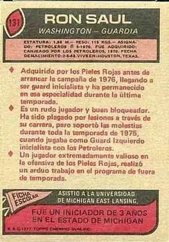 1977 Topps Mexican #131 - Ron Saul - Washington Redskins - Back 1977 Topps Mexican #131 - Ron Saul - Washington Redskins - Back