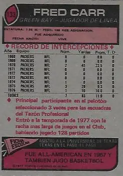 1977 Topps Mexican #133 - Fred Carr - Green Bay Packers - Back