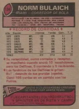 1977 Topps Mexican #134 - Norm Bulaich - Miami Dolphins - Back 1977 Topps Mexican #134 - Norm Bulaich - Miami Dolphins - Back