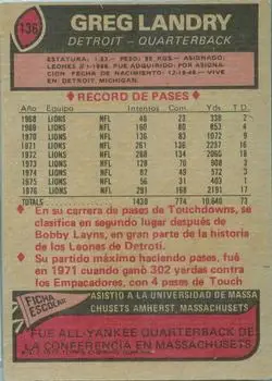 1977 Topps Mexican #136 - Greg Landry - Detroit Lions - Back