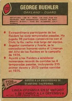 1977 Topps Mexican #137 - George Buehler - Oakland Raiders - Back 1977 Topps Mexican #137 - George Buehler - Oakland Raiders - Back