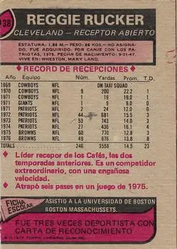 1977 Topps Mexican #138 - Reggie Rucker - Cleveland Browns - Back