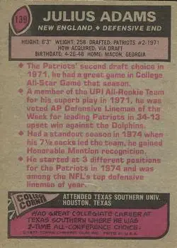 1977 Topps #139 - Julius Adams - New England Patriots - Back