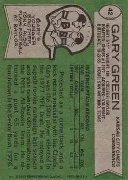 1978 Topps #42 - Gary Green - Kansas City Chiefs - Back