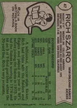 1978 Topps #47 - Rich Szaro - New Orleans Saints - Back