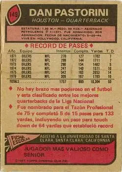 1977 Topps Mexican #149 - Dan Pastorini - Houston Oilers - Back