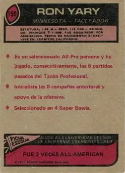 1977 Topps Mexican #150 - Ron Yary - Minnesota Vikings - Back