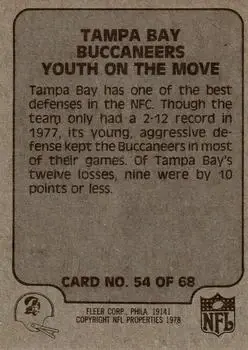 1978 Fleer Team Action #54 - Card #54 - Tampa Bay Buccaneers - Back
