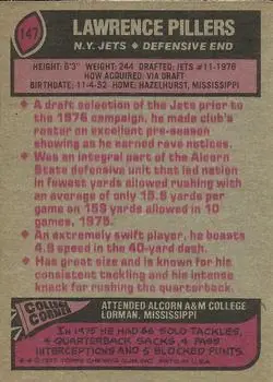 1977 Topps #147 - Lawrence Pillers - New York Jets - Back 1977 Topps #147 - Lawrence Pillers - New York Jets - Back