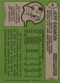 1978 Topps #58 - Jeff Siemon - Minnesota Vikings