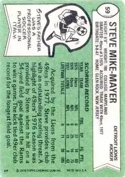 1978 Topps #59 - Steve Mike-Mayer - Detroit Lions