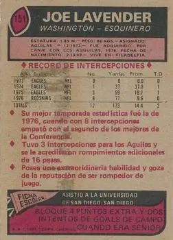 1977 Topps Mexican #151 - Joe Lavender - Washington Redskins - Back 1977 Topps Mexican #151 - Joe Lavender - Washington Redskins - Back
