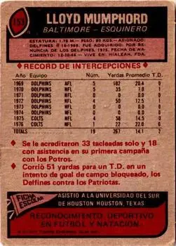 1977 Topps Mexican #153 - Lloyd Mumphord - Baltimore Colts - Back 1977 Topps Mexican #153 - Lloyd Mumphord - Baltimore Colts - Back