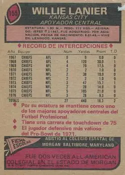 1977 Topps Mexican #155 - Willie Lanier - Kansas City Chiefs - Back