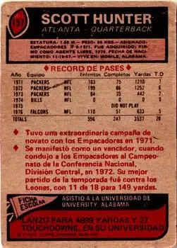 1977 Topps Mexican #157 - Scott Hunter - Atlanta Falcons - Back 1977 Topps Mexican #157 - Scott Hunter - Atlanta Falcons - Back