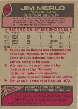 1977 Topps Mexican #158 - Jim Merlo - New Orleans Saints - Back 1977 Topps Mexican #158 - Jim Merlo - New Orleans Saints - Back