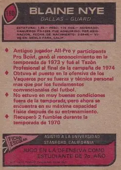 1977 Topps Mexican #160 - Blaine Nye - Dallas Cowboys - Back 1977 Topps Mexican #160 - Blaine Nye - Dallas Cowboys - Back
