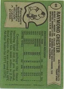1978 Topps #69 - Raymond Chester - Baltimore Colts - Back