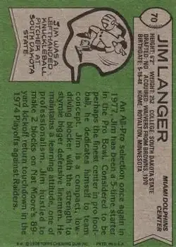 1978 Topps #70 - Jim Langer - Miami Dolphins 1978 Topps #70 - Jim Langer - Miami Dolphins