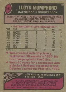 1977 Topps #153 - Lloyd Mumphord - Baltimore Colts - Back