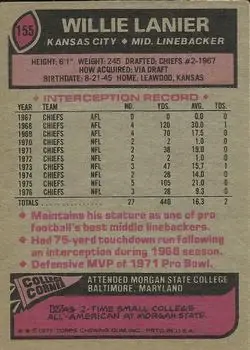 1977 Topps #155 - Willie Lanier - Kansas City Chiefs - Back