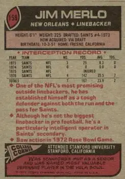 1977 Topps #158 - Jim Merlo - New Orleans Saints - Back