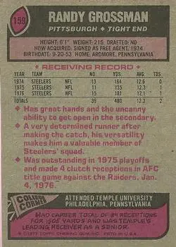 1977 Topps #159 - Randy Grossman - Pittsburgh Steelers - Back