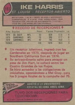 1977 Topps Mexican #161 - Ike Harris - St. Louis Cardinals - Back